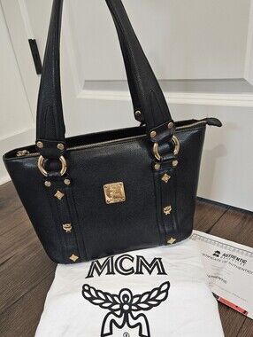 MCM Grained Calfskin Black Leather Shoulder Bag With COA + Branded Dusty